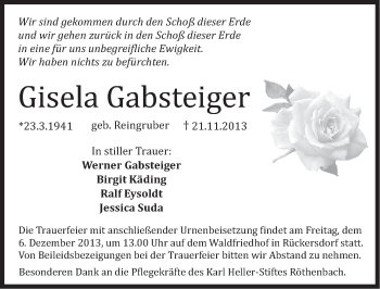 Traueranzeige von Gisela Gabsteiger von Pegnitz-Zeitung